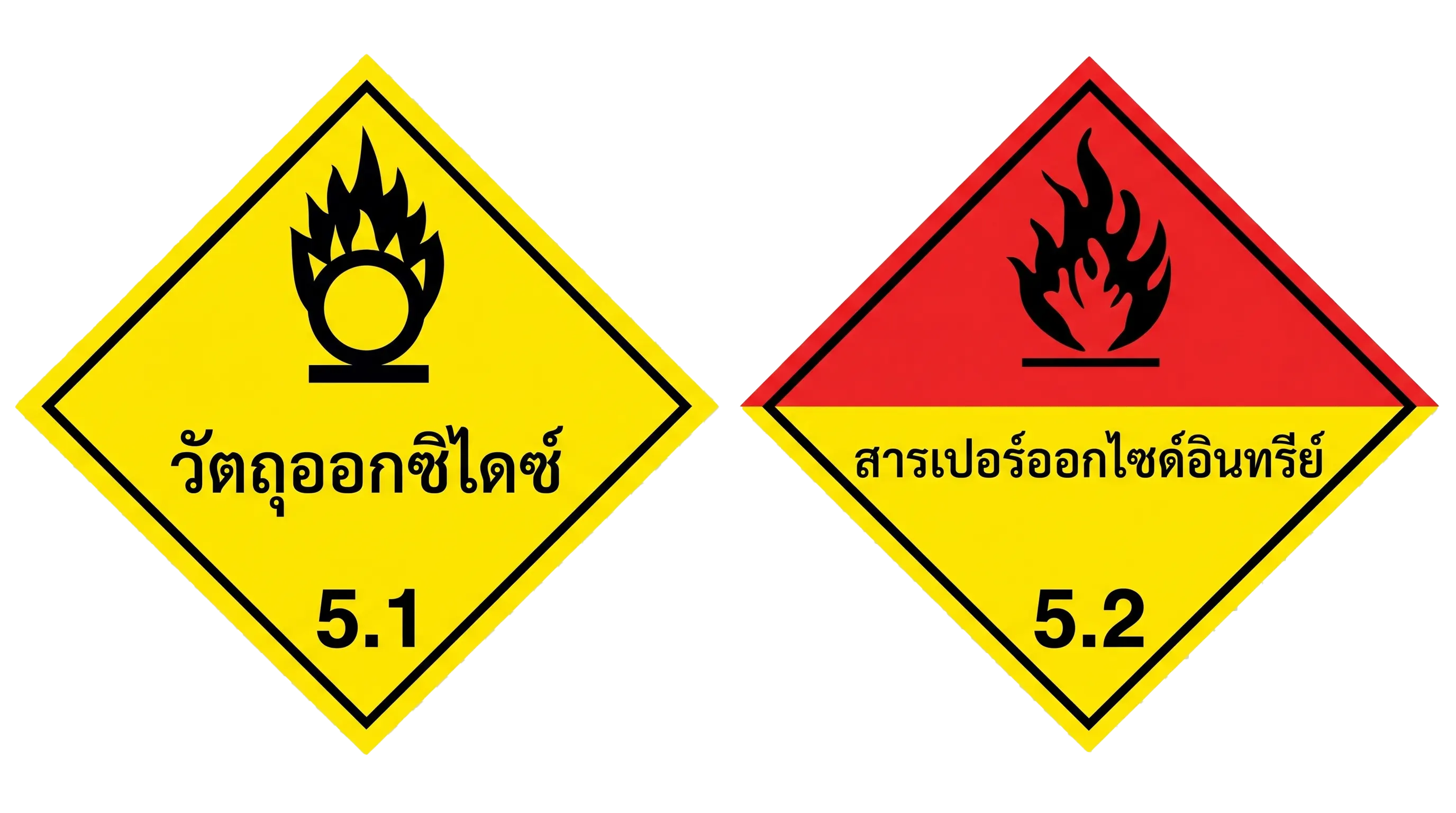 รูปภาพเครื่องหมายจราจร: ประเภทที่ 5 : สารออกซิไดส์ ฯลฯ (Class 5 : Oxidizing Substances, etc.) หมวดหมู่ สัญลักษณ์วัตถุอันตราย (UN Class)
