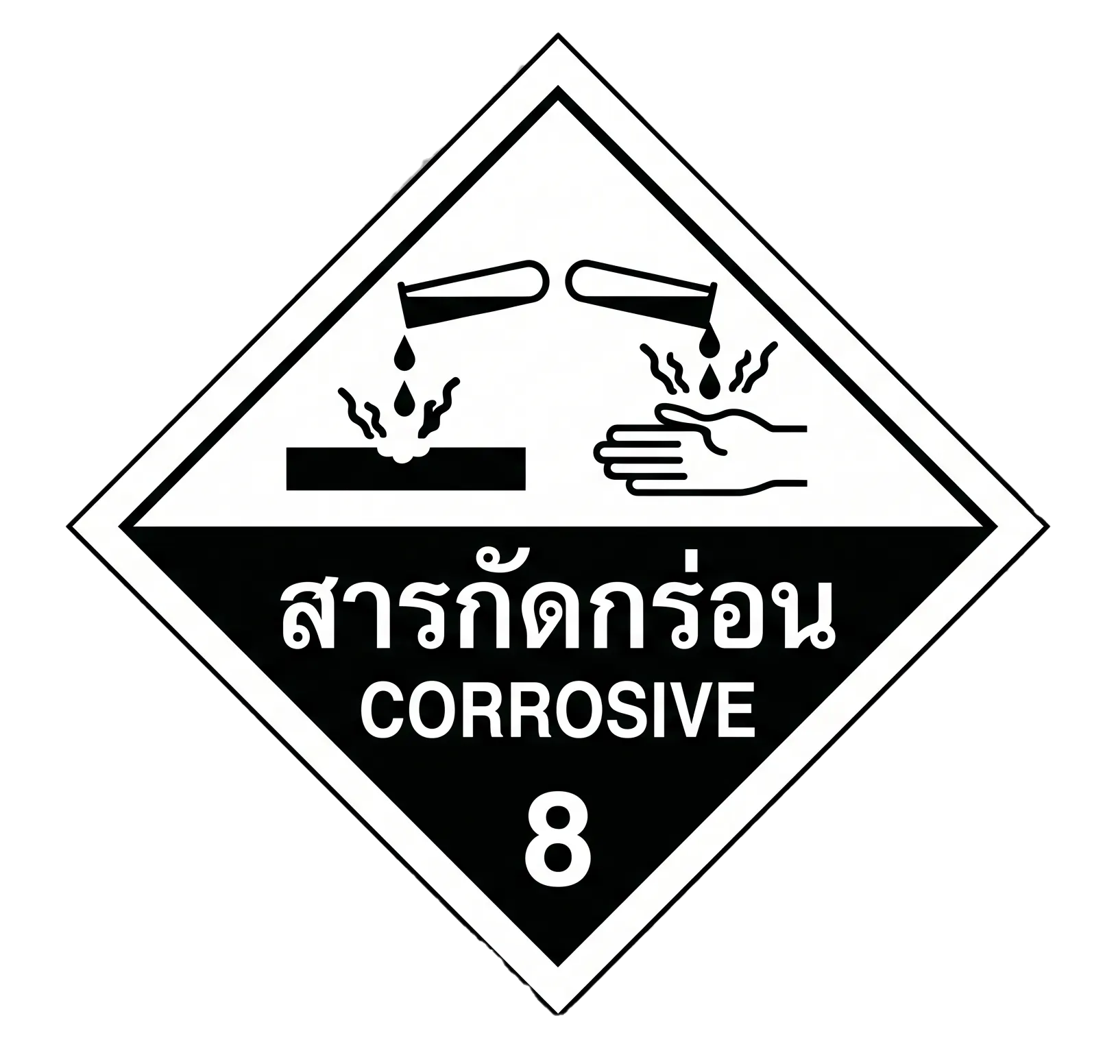 รูปภาพเครื่องหมายจราจร: ประเภทที่ 8 : สารกัดกร่อน (Class 8 : Corrosive Substances) หมวดหมู่ สัญลักษณ์วัตถุอันตราย (UN Class)